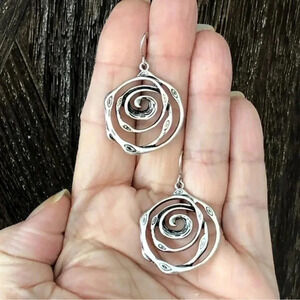 Silver Swirl Abstract Circle Spiral Drop Antique Style Earrings New